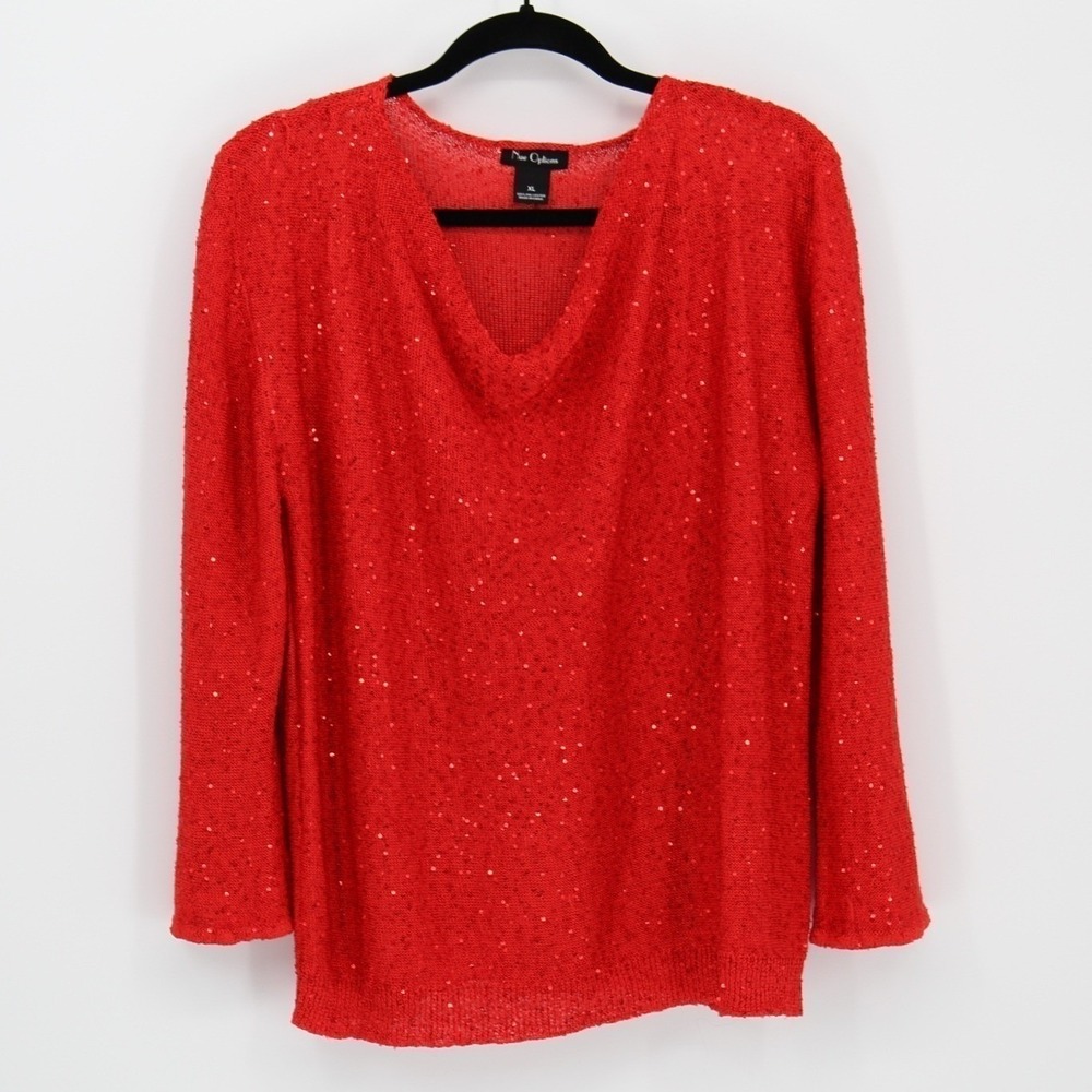 Nue Options XL $78 Red Sequin Knit  Drape Neck Long Sleeve Formal Sweater Blouse